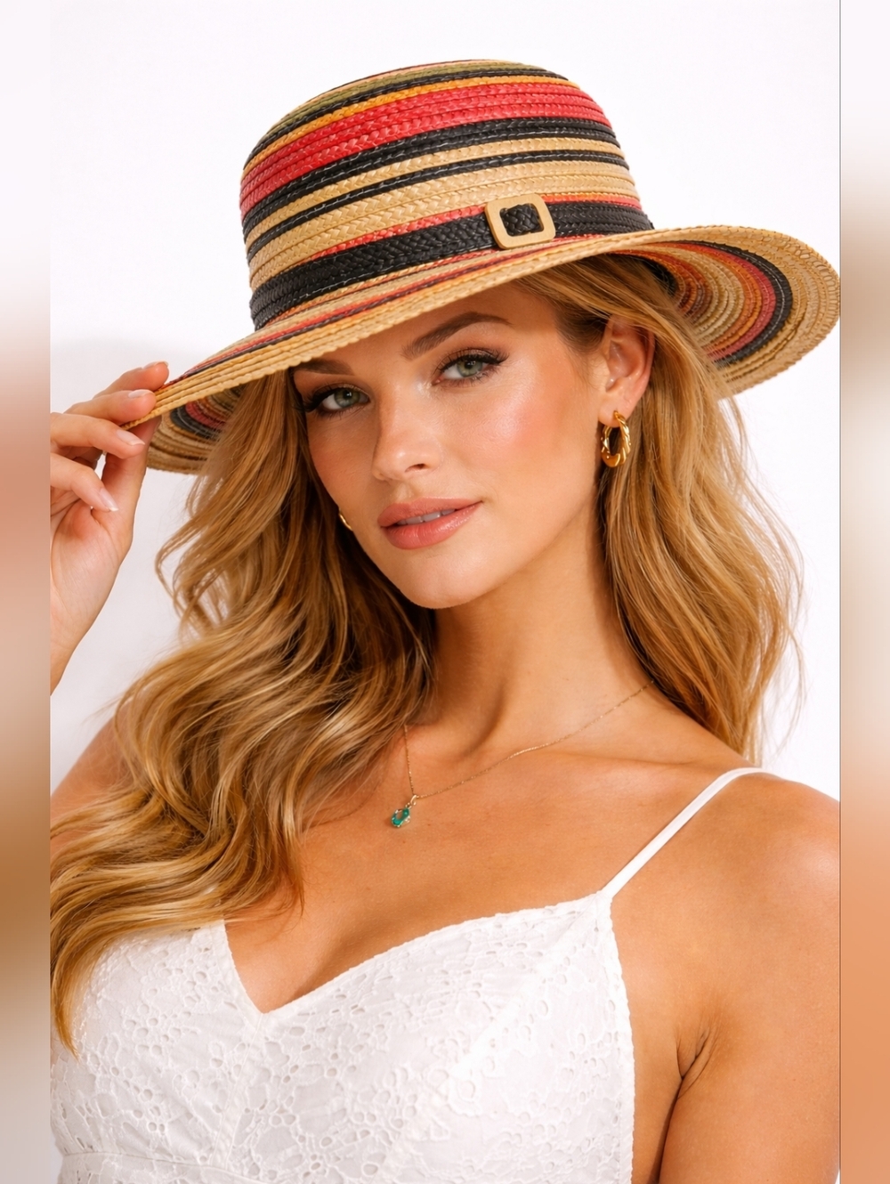 Striped Straw Sun Hat Wide Brim Boho Coastal Resort Summer Chic cruise